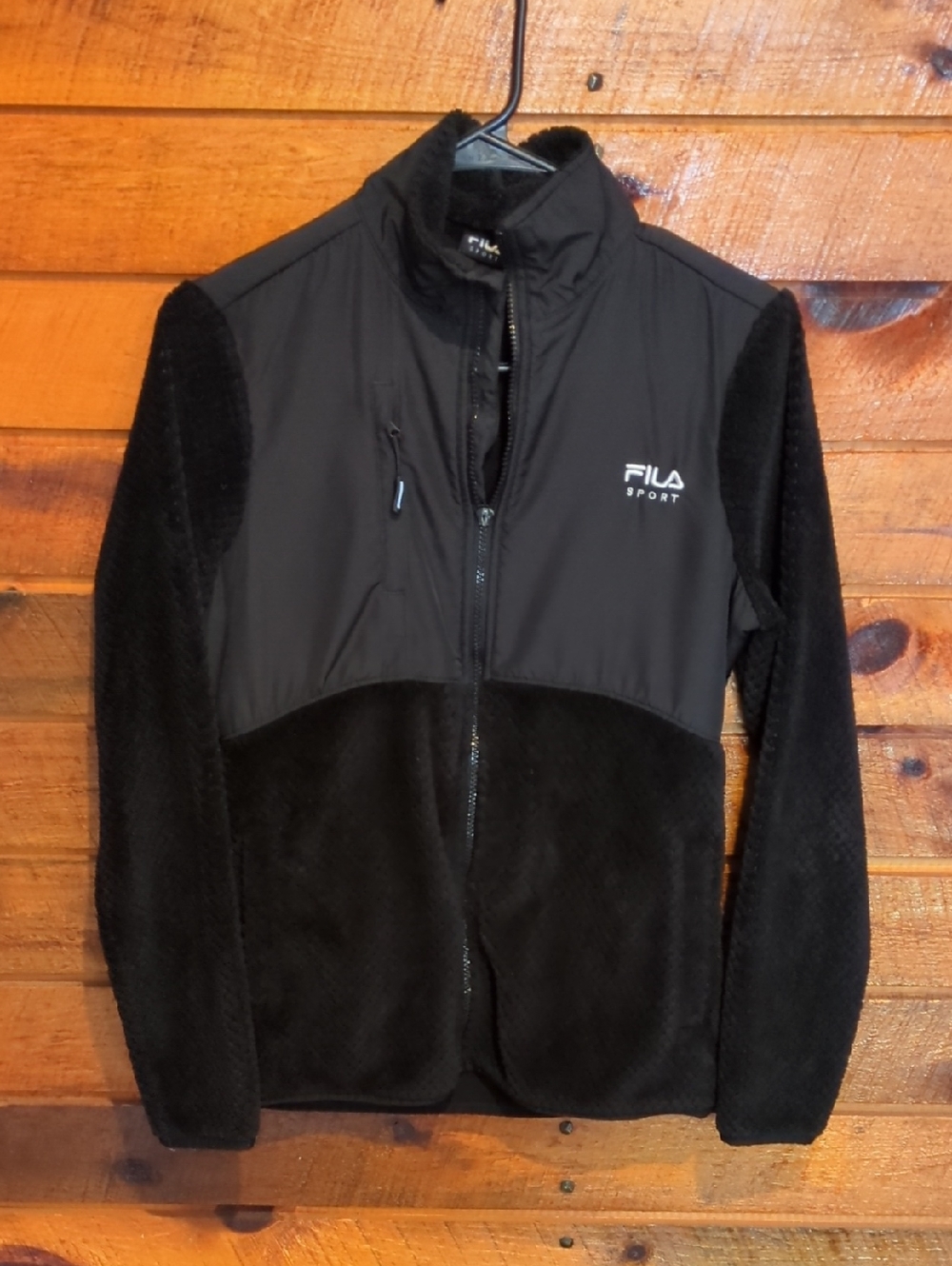 FILA Black Mixed-Media Fleece Jacket with Chest Zip Pocket